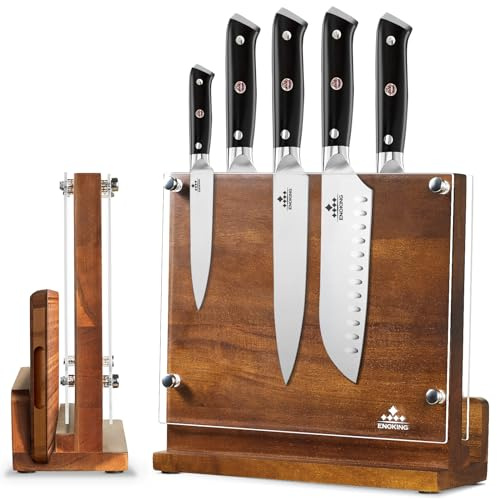 ENOKING Magnetic Knife Block with Acrylic Shield, Double Side Kitchen Knife Holder without Knives- Acacia Wood Universal Knife Storage Organizer with Powerful Magnet for Kitchen Counter