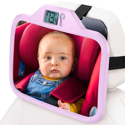 Theromirror - Baby Car Mirror with Temperature Display, Rear Facing Car Seat Mirror, Newborn Essentials, Wide Angle (Pink)
