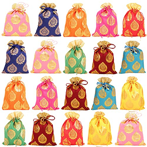 Touchstone Drawstring Bags Tradizionale indiano realizzato a mano in tessuto broccato. Perfette per regali, gioielli e matrimoni. Set di 20 sacchetti multicolori e vivaci, borse e portamonete Potli.