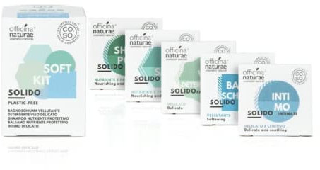 Officina Naturae | Kit Cosmetici Solidi Soft con Astuccio, 5 Mini Size di Bagnoschiuma Vellutante, Shampoo e Balsamo Nutriente, Detergente Delicato e Intimo da 15 gr