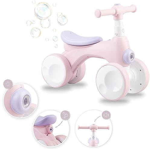 Momi Kinderlaufrad TOBIS für Mädchen und Jungen (max. Körpergewicht 20 kg), Lauf-Vierrad mit Hupe, Leuchte, pannensicheren Kunststoffrädern und Seifenblasen-Anlage Rosa