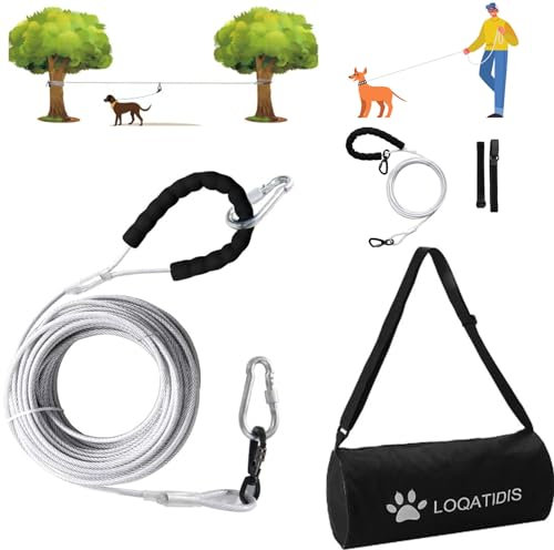 LOQATIDIS Cable de Amarre para Perros 3 en 1, Alambre de Acero Inoxidable Resistente, Sistema de Carro aéreo portátil de 15m, Duradero y Resistente a los tirones de la Correa para Perros Grandes