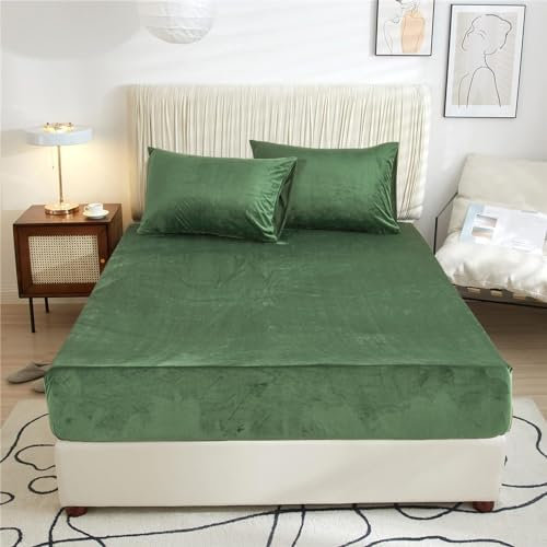 Spannbettlaken 90x200cm Warm Grün Olivgrün Winter Boxspringbett Bettlaken Frottee Spannbetttücher Microfleece Flausch Spannbetttuch Set Leintuch 90 x 200 Spannleintuch für Hohe Matratze