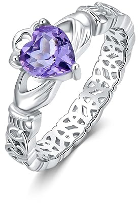 BETHZA Anelli Claddagh in ametista naturale da donna in argento Sterling 925 anelli irlandesi con cuore viola cristallo gioielli regalo per moglie, Gemma, Ametista