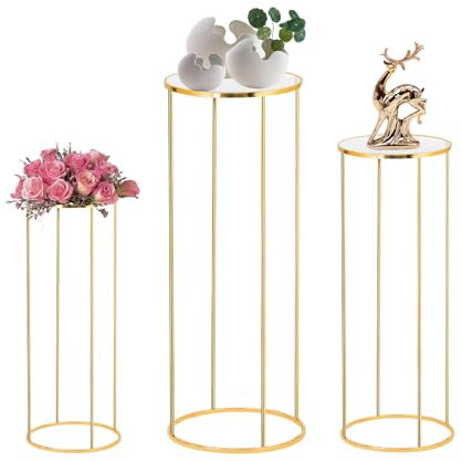 3PCS Cylinder Pedestal Stands for Parties, Gold Metal Plant Round Cylinder Stands for Party Flowers, Display Columns Pedestal Stand Cylinder Tables for Vases Birthday Party Backdrop Decorations