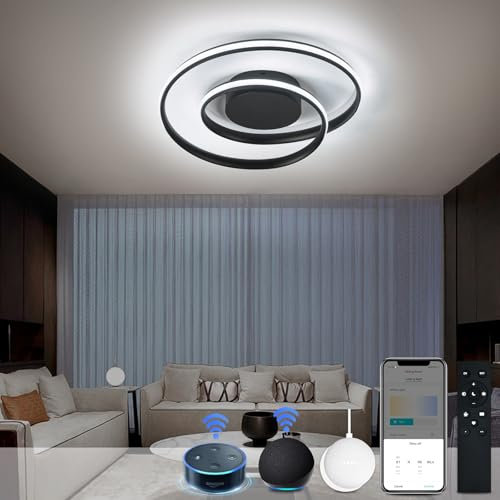 Lámpara de techo LED inteligente compatible con la aplicación Alexa Google Home, lámpara de techo regulable con mando distancia, lámpara de techo redonda moderna negra de para salón, dormitorio Ø48cm