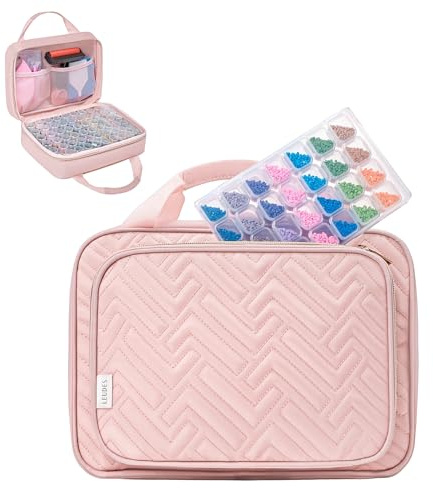 Leudes Diamond Painting Storage Containers, 60 Slots Bead Storage Box for Diamond Art Kits Accessories Organizer Case (Only Bottles and Bag) (Pink-2(60 Jars))