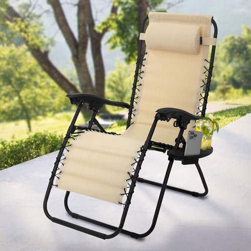 ML-Design Sonnenliege klappbar, Beige, Liegestuhl mit verstellbarem Kopfpolster & Rückenlehne, Gartenliege wetterfest mit Schnürsystem, Zero Gravity Outdoor Relaxliege, Gartenstuhl mit Getränkehalter