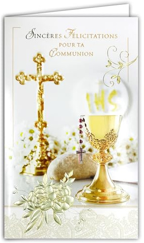 19-647 Carte Porte-Billet avec Enveloppe Sincères Félicitations Communion Garçon Fille Croix Chrétienne Catholique Crucifix Chapelet Notre Père Je vous salue Marie Pain Vin Coupe Calice Ciboire