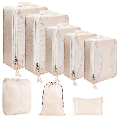 Koffer Organizer Set Kompression 8-teilig – Platzsparende Packwürfel mit Doppelreißverschluss – Wasserdichte Kleidertaschen für Reisen, Urlaub, Handgepäck & Rucksack (Beige)