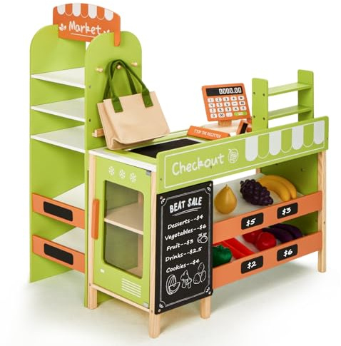 labebe Pretend Grocery Store Playset for Kids,Wooden Supermarket Toy Set with Cash Register,Play Food Accessories Store Set Suit Gift for Toddler Boys Girls
