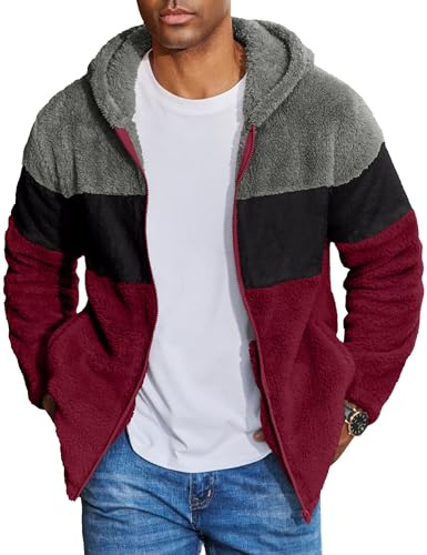 COOFANDY Veste Polaire Teddy pour Homme Veste de Transition Sherpa Sweat Patchwork avec Capuche