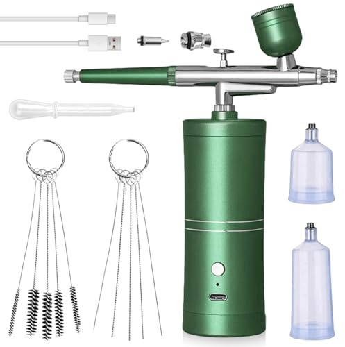 Set aerografo con compressore, kit aerografo portatile senza fili, kit aerografo ricaricabile, multifunzione a doppia azione per nail art, tatuaggi, trucco, modello, colore verde