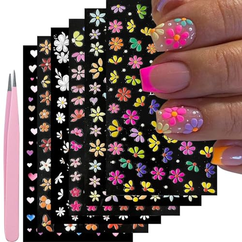 VelvetGlow Décorations d'Ongles Autocollants 5D en Relief Fleurs Colorées Autocollants Ongles Autocollants Auto-adhésifs Printemps Été Cœur Marguerite Fournitures Ongulaires Conception d'Ongles 3D