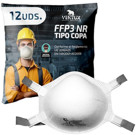VENTUX SAFETY EQUIPMENT 12x Mascarilla FFP3 NR Tipo Copa con Cintas Auriculares, Cumple con la Regulación UE 2016/425