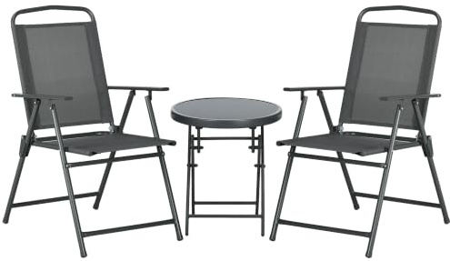 Outsunny Set da Giardino 3 Pezzi con 2 Sedie Pieghevoli Grigio Scuro | Tavolino Rotondo, Metallo e Vetro, Tavolo e Sedie da Giardino, Set da Bistro, Patio Cortile Esterno