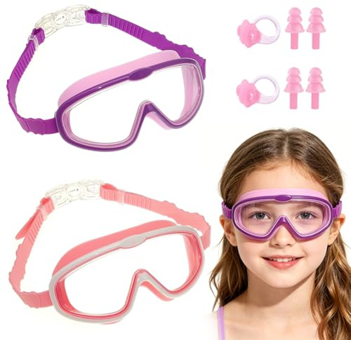 WFKKMEQ Kids Swimming Goggles,2 PCS Children Swim Goggle Waterproof Swimming Glasses Anti Fog Swim Goggles No Leaking Goggle Nose Clip and Ear Plugs Boys Girls Glasses for Pool Beach