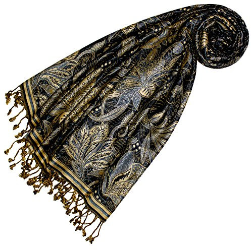 Lorenzo Cana Marken Damenpashmina Schal Schaltuch Stola Umschlagtuch Naturfaser opulentes Muster in harmonischen Schwarz Blau Gold Farben mit Fransen 70 cm x 200 cm - 78438
