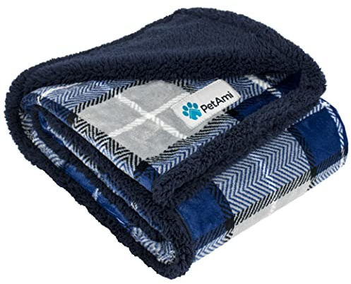 PetAmi Dog Blanket for Medium Large Dogs, Pet Bed Blanket Cat Puppy Kitten, Fleece Furniture Couch Cover Protector Sofa Car, Soft Sherpa Dog Throw Plush Reversible Washable, 40x60 Plaid Navy Blue