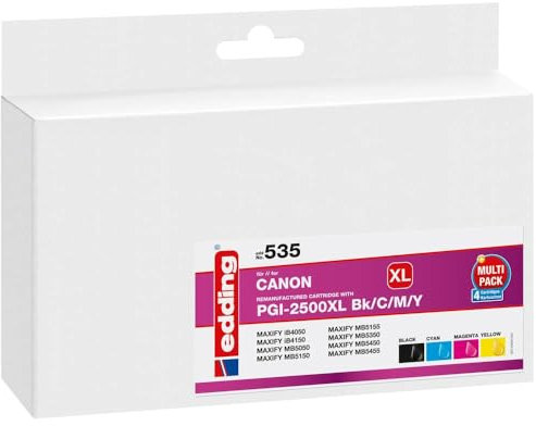 edding Druckerpatrone EDD-535 - Multipack 4 - Schwarz, Cyan, Magenta, Gelb - 1x 72 ml + 3x 20 ml - Reichweite 1x 2500 3x 1785 Seiten - Ersetzt Canon PGI-2500XLBk/C/M/Y