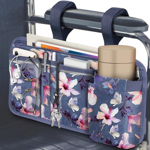 FINPAC Wheelchair Side Storage Bag w/Cup Holder, Wheelchair Armrest Accessories Pouch with Pen Slot and Reflective Strips for Power Walkers, Rollators, Seniors - Blooming Hibiscus
