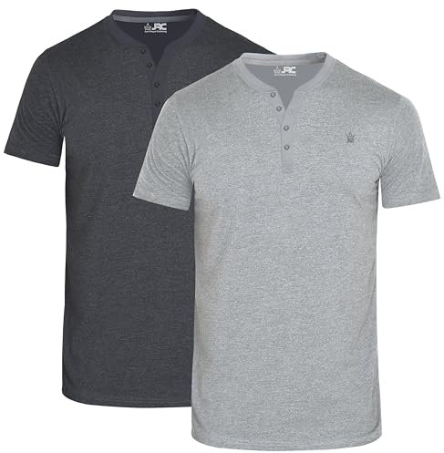 JRC Just Royal Clothing 2 Pack Mens Short Sleeve Henley T-Shirts, Lightweight Henley Tops for Gym, Running & Casual Outings (Heather Grey, Charcoal, M)