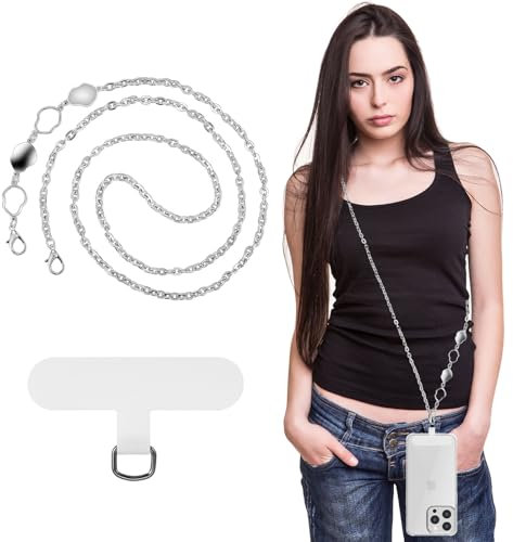 MoKo Cadena Metálica para Móvil, Cordón para Teléfono Universal Correa para Teléfono Móvil Manos Libres Desmontable, Correa para Cuello para Móvil para Viaje Senderismo Desplazamientos Diarios, Plata