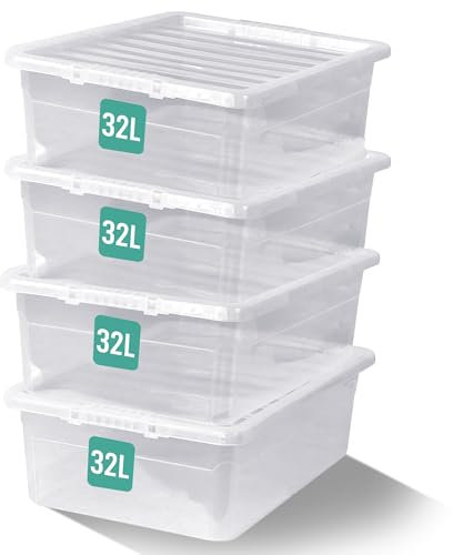 KLASS 32L Underbed Storage Boxes With Lids Set of 4, Strong & BPA Free Multipurpose Clear Plastic Underbed Storage Box With Lid For Home, Office (32 Litre / 4Pack)
