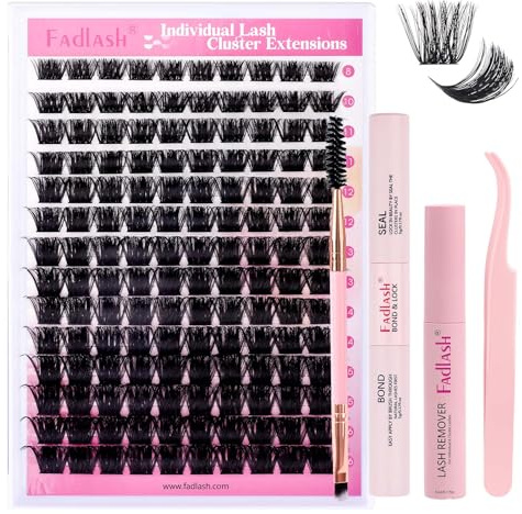 Fadlash Eyelash Extension Kit 0.07 D 8-16mm 200D Wispy Lashes Cluster Lashes Glue Bond And Seal With Tweezers&Eyebrow Brush Eyelash And Lash Adhesive Remover DIY At Home