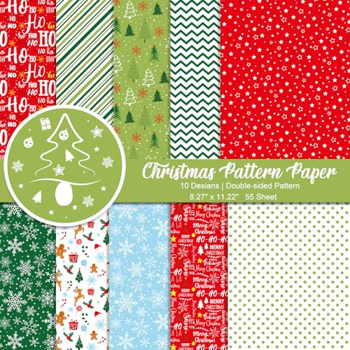 Morcheiong 55 Blatt Frohe Weihnachten Musterpapier Set, Dekoratives Papier für Die Kartengestaltung, Scrapbook, Fotoalbum, Dekor, 10 Designs (Mischfarben, 8,27 x 11,22 Zoll)