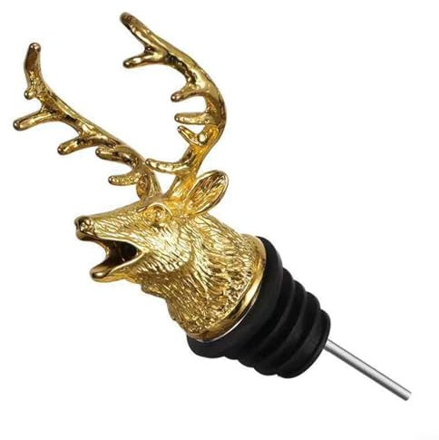 Feegow Vertedor de vino de cabeza de ciervo, tapón de botella de aleación de zinc, forma de ciervo, vertedor y tapón de botella de vino 2 en 1, accesorios de boquilla para amantes del vino (dorado)