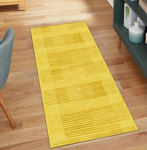QQrunner Teppichläufer rutschfest Waschbar 60x150CM Abstrakt Küchenteppich Teppich Läufer Flur Meterware Lang Gelb Korridor Kücheläufer