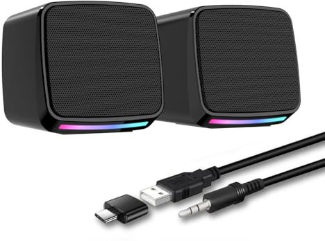 INGONEON Altoparlanti compatti per PC desktop, altoparlanti da ufficio, computer alimentati da USB con presa jack da 3,5 mm per PC, laptop, tablet (with Light)