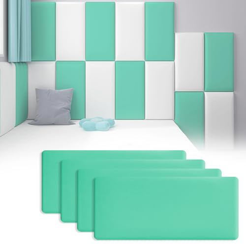 Tokenhigh Kid's Anti Collision Wall Padding, Upholstered Padded Wall Panels, 40x20cm Self Adhesive Headboard Panels, 3D Wall Cushion Protection, Impact-resistant Peel and Stick Wall Pads (PU-Green)