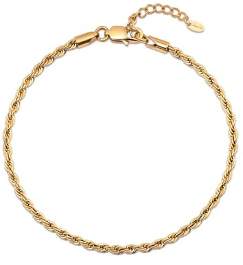 Amberta Silver Gold Waterproof Ankle Bracelets for Women | Boho Layered Anklets for Women | Summer Jewellery, Adjustable Ankle Chain Beaded Rope Heart: 3 mm Gold Rope