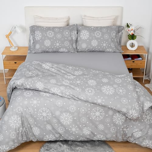 H HANSEL HOME Juego de Funda Nordica Microfibra de 4 Piezas para Cama 150 Suave Transpirable, Incluye 1 Funda Edredón 220x240cm, 1 Bajera 150x200+30cm, 2 Fundas de Almohada - Copos Nevados