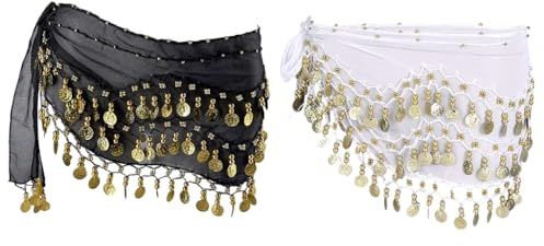 Hitopin Ceinture Danse Orientale Femme, 2 Pièces Jupe de Danse du Ventre, Foulard de Hanche de Danse du Ventre, Costume de Danse du Ventre, Jupe Ceinture Monnaie, pour Performance,Danse (Noir, Blanc)