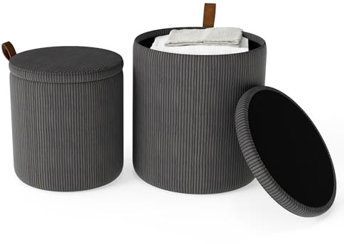 COSTWAY Set di 2 Pouf Contenitore in Velluto, Pouf Rotondi Imbottiti da 40L + 25L, Sgabelli con Contenitore per Soggiorno, Camera da Letto, Portata 150 kg (Grigio)
