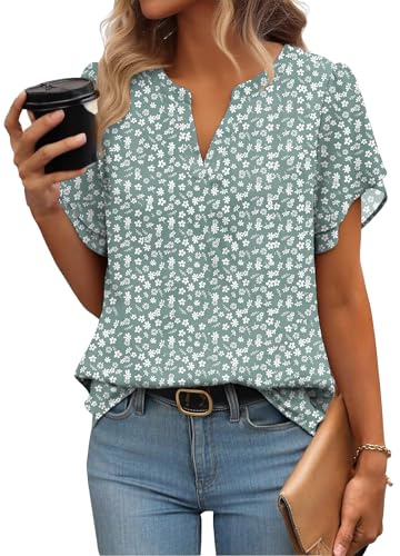 Zeagoo Womens Tops Summer Chiffon Blouse Ruffle Short Sleeve Shirts V Neck Work Blouses Business Casual Mesh Blouse Floral Double Layers Tunic Top B-Light Green Floral XL
