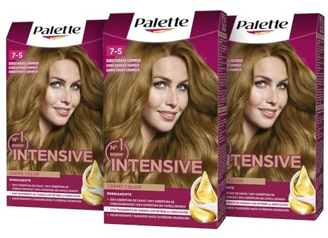 Palette Intensive Creme Color 7-5 Rubio Dorado Caramelo, tinte permanente con aceite de macadamia y almendras, cubre el 100% de las canas y raíces, para un pelo radiante, Pack 3
