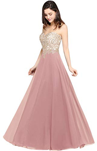 Misshow Robe de Cocktail Longue Chic avec Appliques à Fleurs Ajourée Robe Femme Longue pour Cérémonie Rose Profond 36