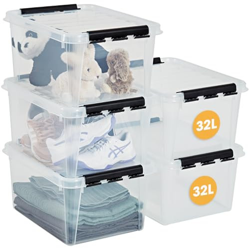 SmartStore Aufbewahrungsboxen mit Deckel, 31 l, transparent, 5er-Pack, verstärkt, 10 Jahre Garantie, lebensmittelecht, mit Clipverschluss, stapelbar, BPA-freier Kunststoff, 50 x 39 x 26 cm