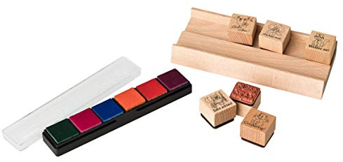 stieber® Lot de 6 tampons pour enseignant avec support en bois et tampon encreur (kit de tampons sans peinture de suivi)