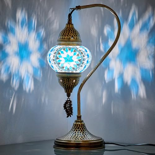 DEMMEX Lampada da Tavolo Turca Marocchina, Design Swan Neck in Vetro Mosaico Stile Tiffany, Fatto a Mano in Turchia, Altezza 38 cm (Acqua)