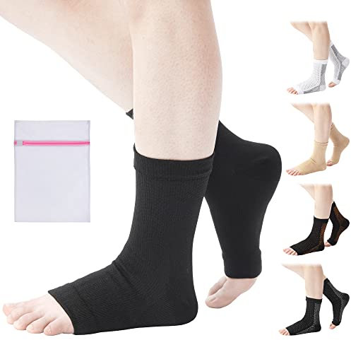 360 Relief Knöchel Kompressionssocken - Offene Zehen Kompressionsstrümpfe Damen und Herren - Knöchelstütze für Laufen, Sport, Fitnessstudio, Radfahren, S-M Schwarz mit Mesh-Wäschesack