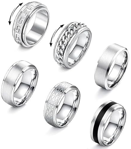 Adramata 6Pcs Bague Homme Acier Inoxydable 316L Vintage Celtique Anti Stress Fiançailles Mariage Argent 8mm
