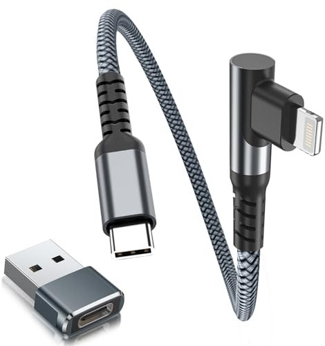 Basesailor Cable USB C a Lightning Ángulo Recto de 0.3M con Adaptador USB A,Cable Tipo C Cargador Carga Rápida PD para iPhone 11 12 13 14 Mini Pro Max,XR SE 2020,Airpods,iPad 8 9 Generation