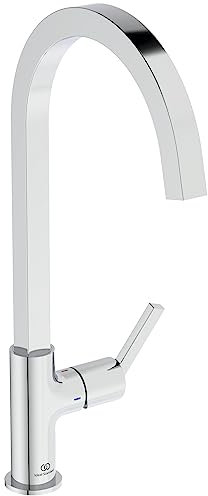 Ideal Standard - Gusto Mitigeur Cuisine, Col de cygne Look Carré, Gris orage, Robinet Bec pivotant, Installation facile, Aérateur intégré, Flexibles inclus, BD411GN