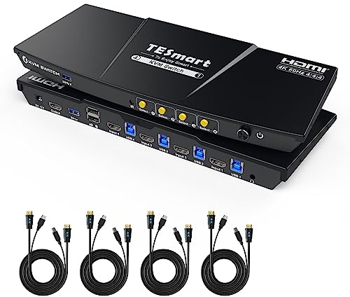 Conmutador KVM HDMI TESmart 4K60Hz USB 3.0 4 PC 1 Monitor KVM Switch de 4 Puertos, Emulador EDID, USB Dock 5Gbps, Teclas de Acceso Rápido para Teclado y Mouse, Audio/Micrófono, Escaneo Programado
