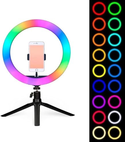 Aro de luz de 26cm de diámetro Led de 9 Colores con Soporte Ajustable Trípode más Anillo de luz RGB, Fotografía, Equipos de Estudio, Anillo de Iluminación, Vídeo (RGB + Mini Tripode)